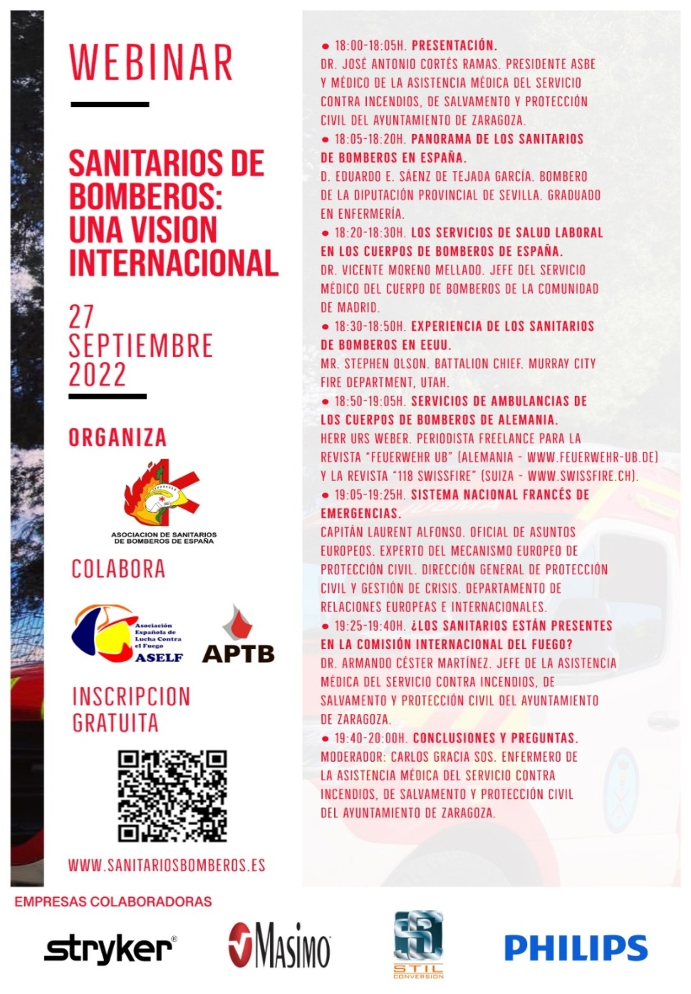 Webinar de la Asociación de Sanitarios de Bomberos #ASBE @SanitariosBomb, el día 27 de septiembre, con la participación de #APTB