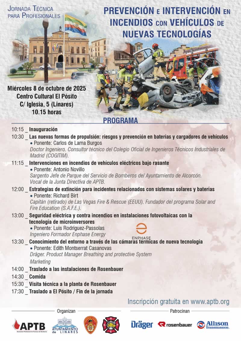 Jornada Técnica para profesionales sobre Intervención en siniestros e incendios con vehículos de nuevas tecnologías, en Linares el día 8 de octubre de 2025