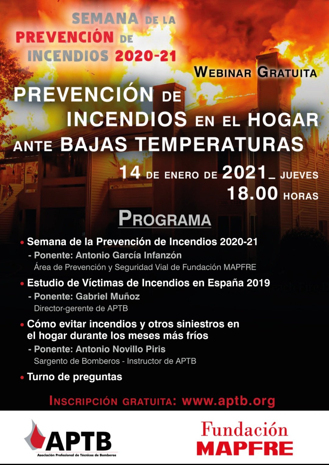 Webinar gratis para todos los públicos, este jueves 14: evitar incendios en casa en los meses más fríos #SPI21 @fmapfre #APTB