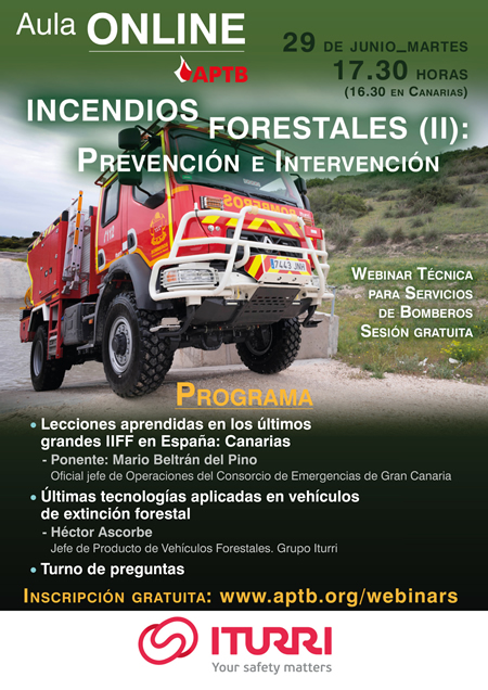 Webinar técnica gratuita del #AulaONLINE de @APTBBomberos, el 29 de junio: #IncendiosForestales II #IIFF