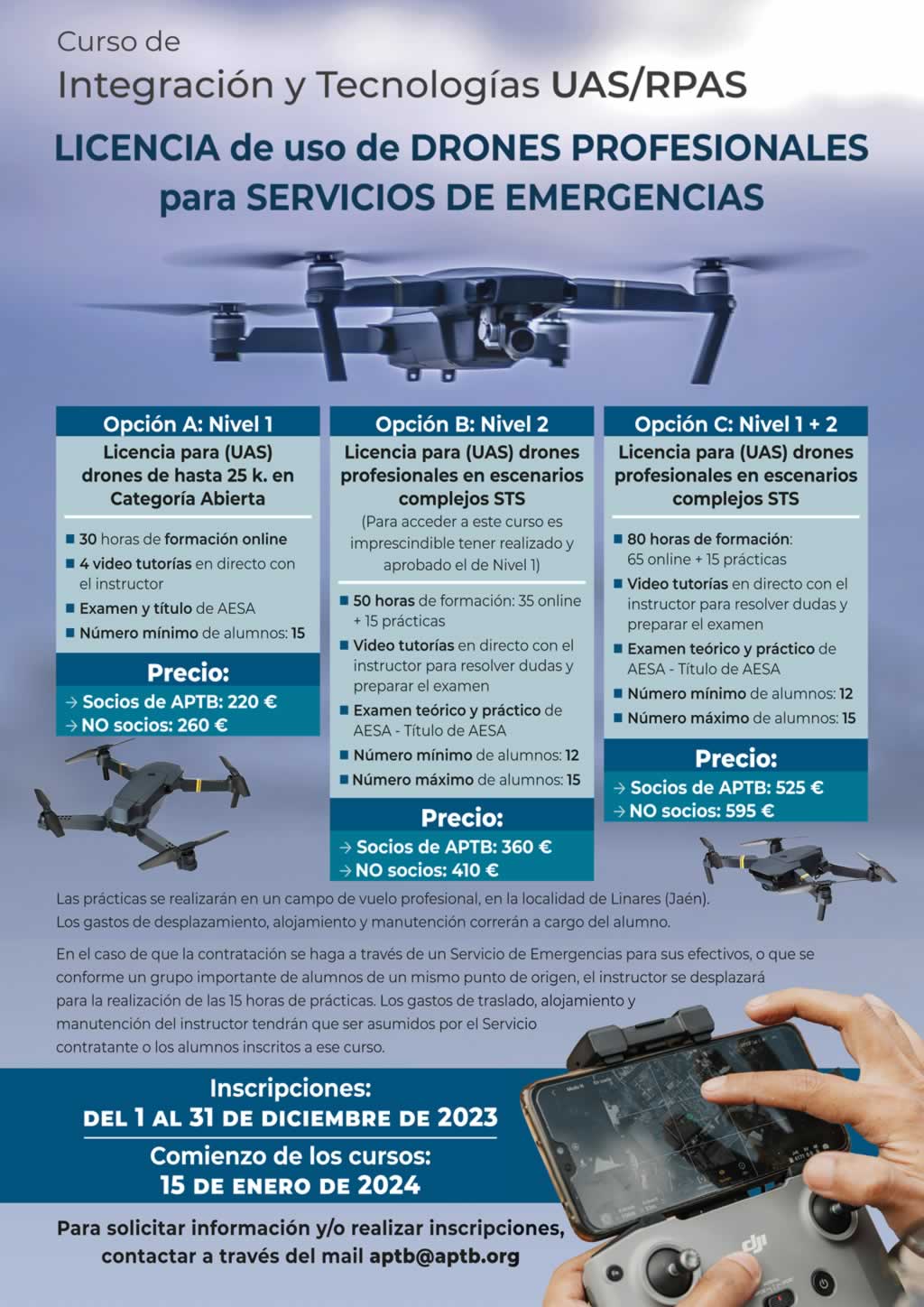 Curso de piloto de drones profesionales para Emergencias, con precios especiales para los socios de APTB