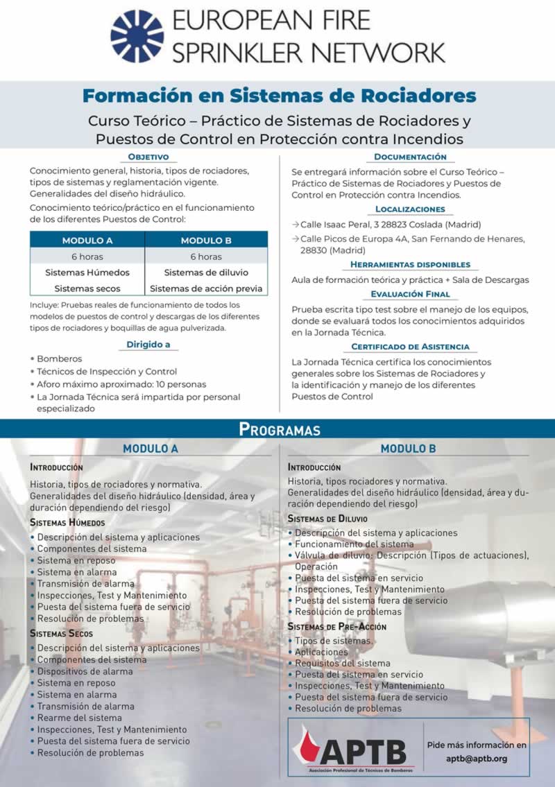 Curso gratuito de Sistemas de Rociadores y Puestos de Control de Protección Contra Incendios, organizado por la @Eurosprinkler y #APTB, el día 21 de mayo en Madrid