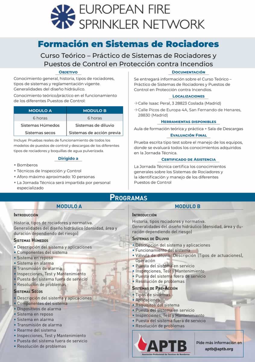 Curso gratuito de @Eurosprinkler y #APTB sobre Sistemas de Rociadores y Puestos de Control de #PCI, el 26 de marzo en San Fernando de Henares (Madrid)