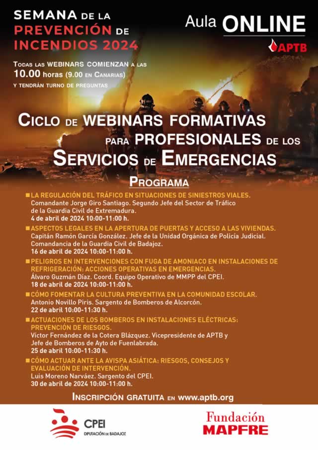 Ciclo de webinars técnicas de la Semana de la Prevención de Incendios #SPI24 organizado por el Consorcio de #Bomberos de #Badajoz, @fmapfre y @APTBBomberos