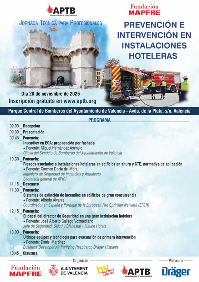 Jornada Técnica para profesionales sobre #Prevención e Intervención en #incendios en instalaciones hoteleras, en #Valencia el día 20 de noviembre de 2025